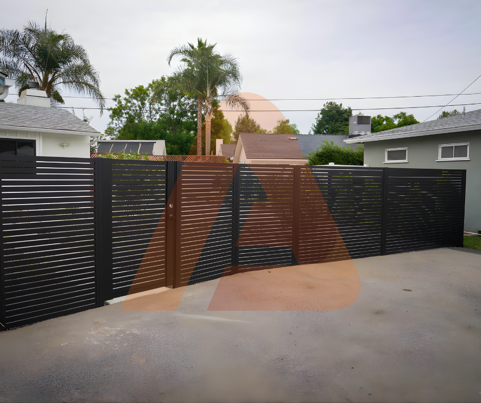 Black horizontal aluminum fence and coordinated gate project