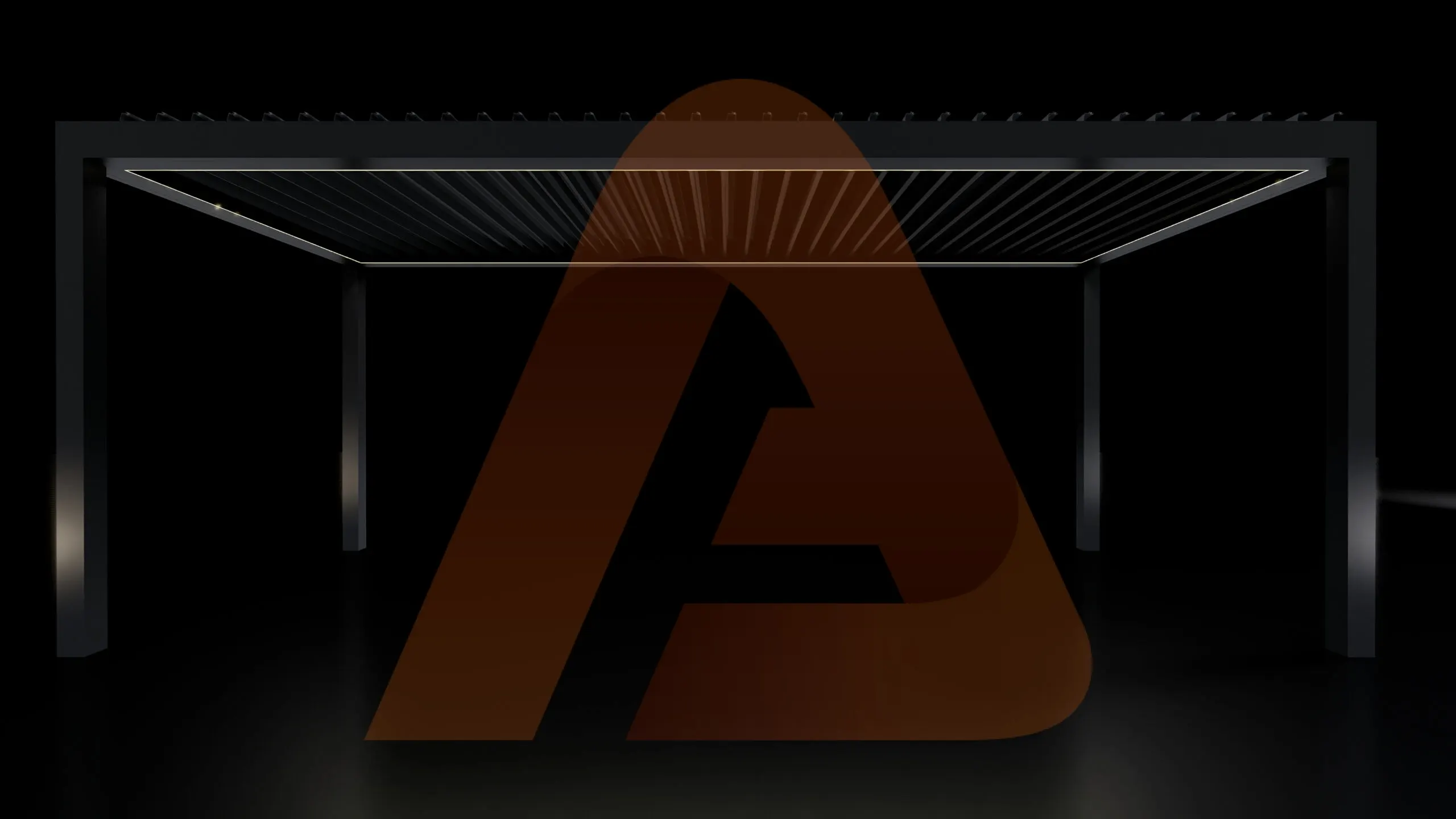 Automatic louver patio cover architectural render on a black background