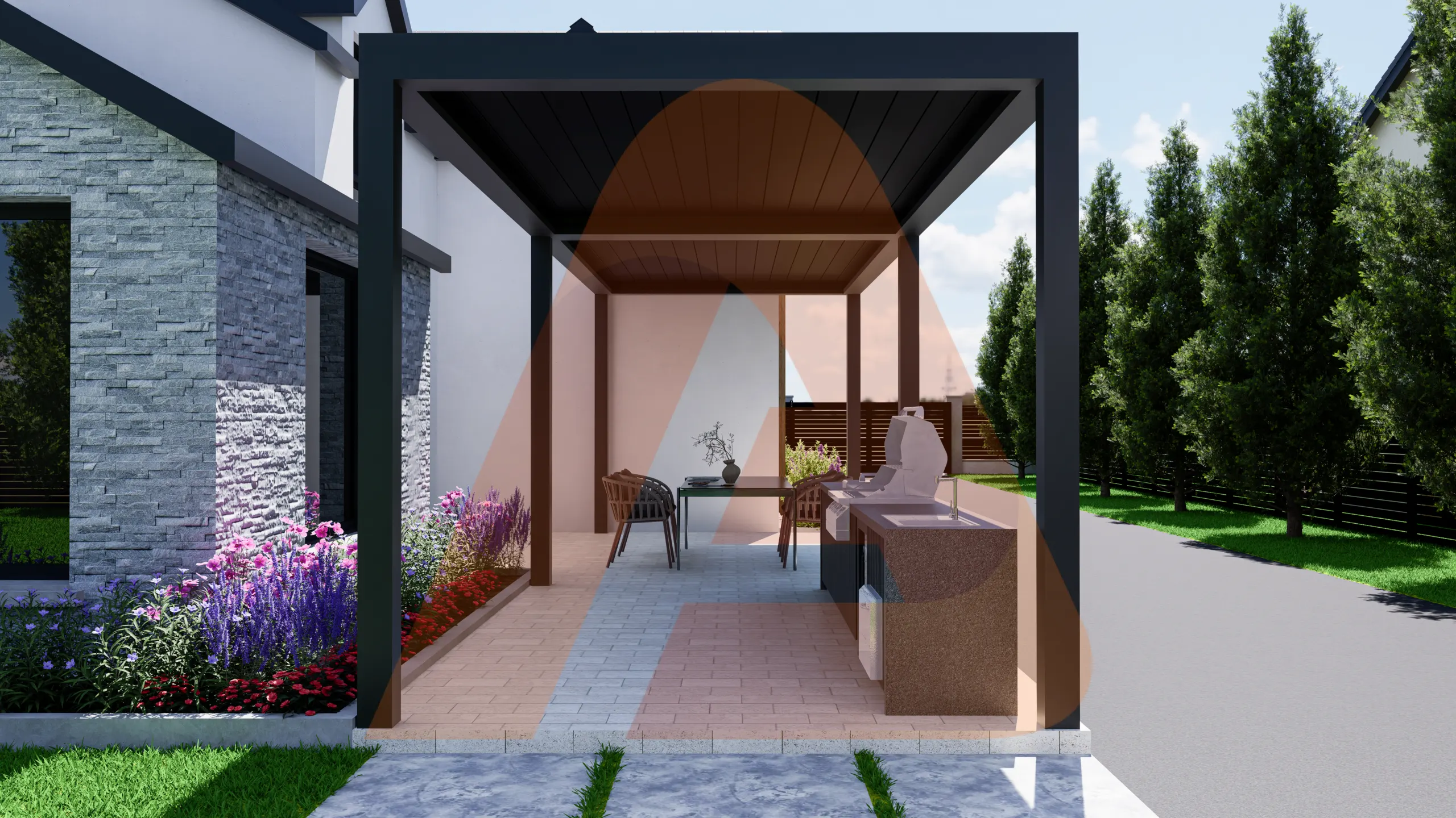 Automatic louver pergola lifestyle render with the roof closed