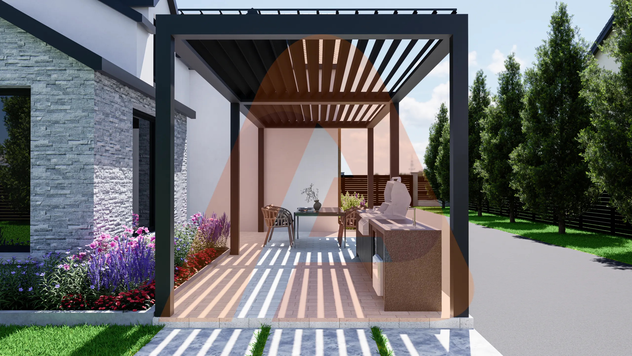 Automatic louver pergola lifestyle render with the roof open