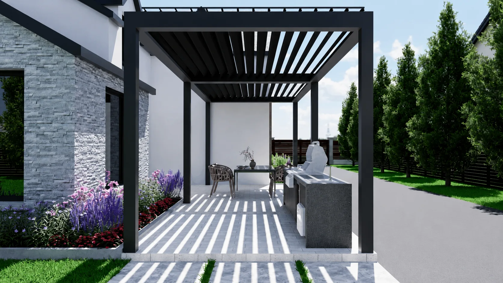 Modern black aluminum pergola with an open adjustable louver roof over an outdoor kitchen and dining area
