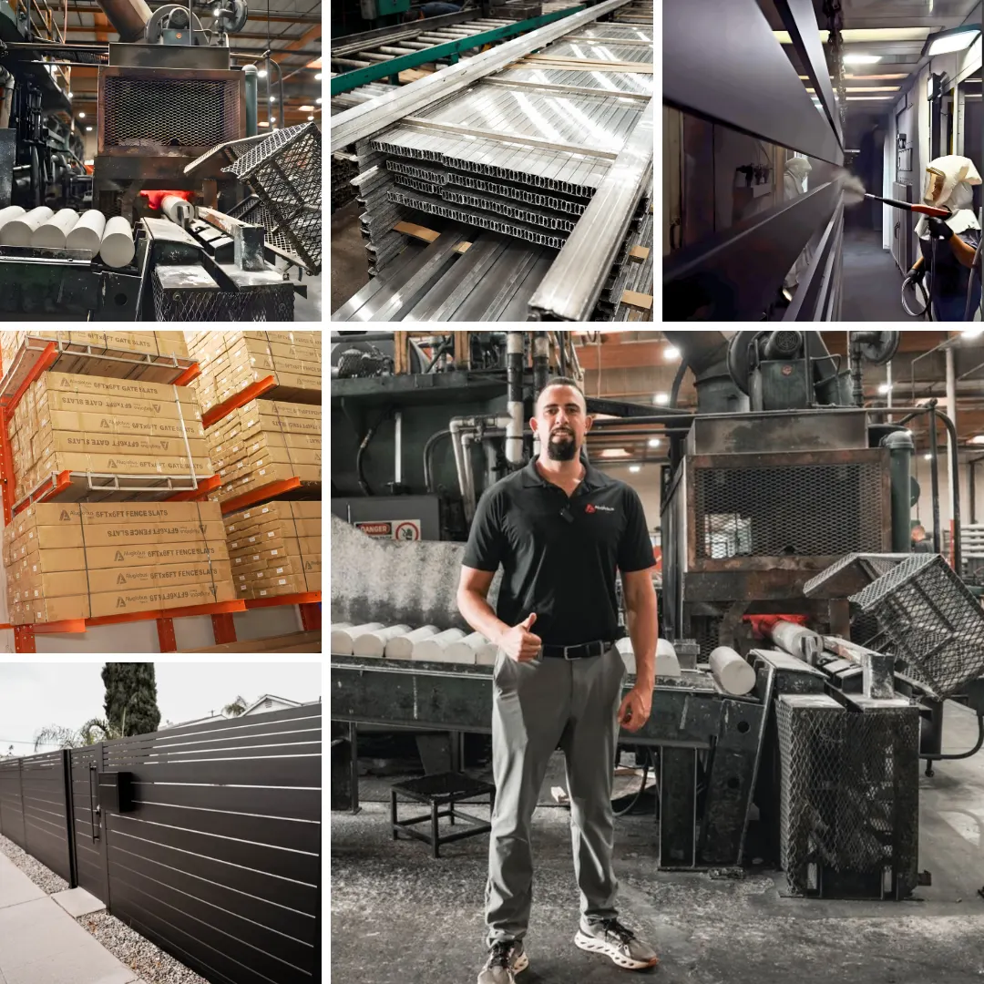 Architectural extrusions, precision fabrication, powder coated finish, wood grain sublimation, packaging, and nationwide shipping options.