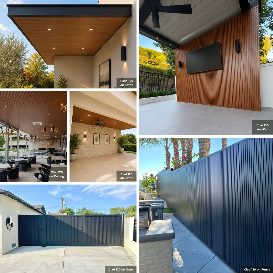 Vertical cladding, horizontal cladding, soffit, patio ceiling, outdoor kitchen wall, commercial facade, entry wall, wood grain cladding, and
