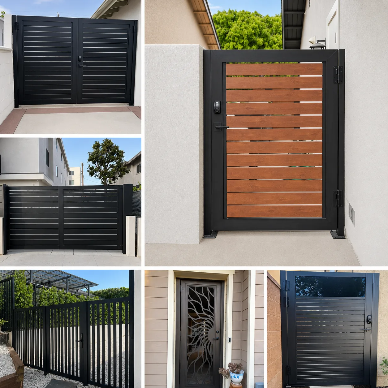 Side gates, pedestrian gates, double swing, sliding, driveway, trash enclosure, manual, motorized, wall-to-wall, and HD gate frames.
