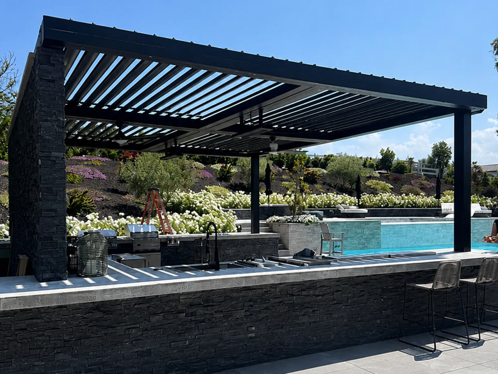 Finished aluminum louver pergola project with clean architectural roof lines