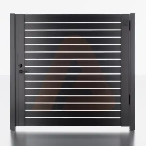 Alu Fence Logo Alu 40 6' x 6' Universal DIY Pedestrian Gate Render (Black) (1) | Aluminum Gate Kit Alu40 Double Swing Universal DIY 12′ x 6′ 1/2 Gap | Aluglobusfence.com