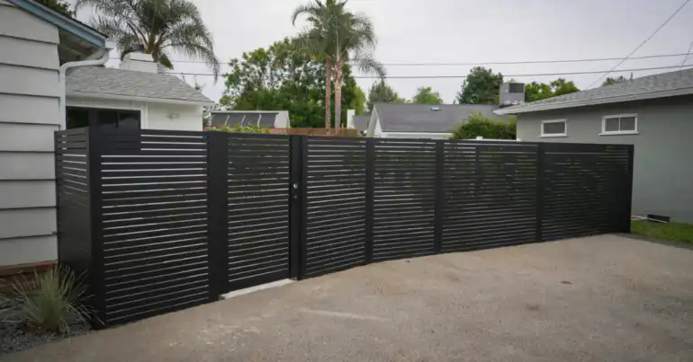 Modern black horizontal slat aluminum fence